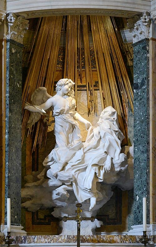 Ecstasy of Saint Teresa, sculpture by Gian Lorenzo Bernini in the Cornaro Chapel of Santa Maria della Vittoria in Rome, the Altar of Fire in the Path of Illumination in Angels and Demons