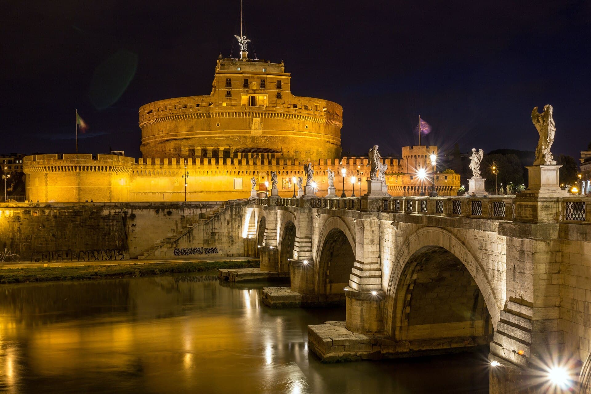 Castel Sant'Angelo at night, the climactic location of Dan Brown's Angels and Demons