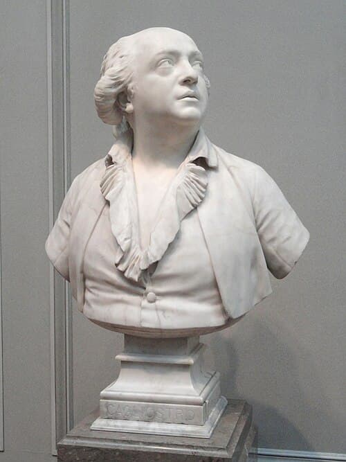 Marble bust of Count Alessandro Cagliostro sculpted by Jean-Antoine Houdon in 1786, now at the National Gallery of Art Washington, showing the alchemist at the height of his European fame