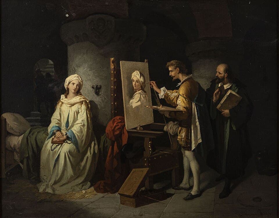 Painting by Enrico Fanfani showing Guido Reni portraying Beatrice Cenci in prison the night before her execution, a romanticized nineteenth-century scene