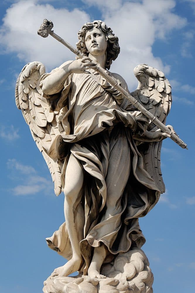One of the ten Baroque marble angels on Ponte Sant'Angelo, with carved drapery and outstretched wings, holding an instrument of the Passion of Christ