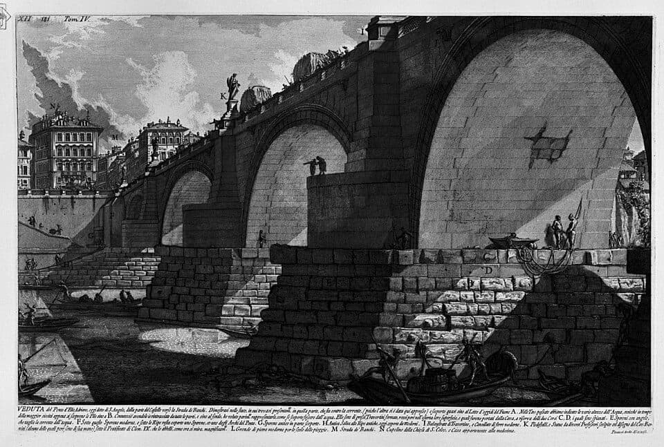 18th-century engraving by Giovanni Battista Piranesi showing the arches of Ponte Sant'Angelo in technical detail, with workers and boats below