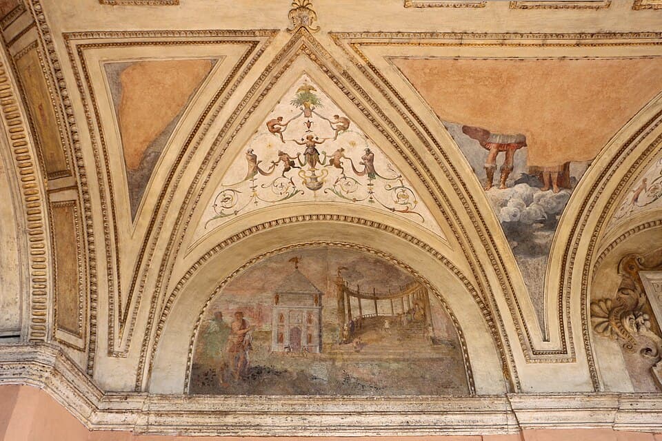 The vault of the Loggia of Paul III at Castel Sant'Angelo, with frescoes attributed to Girolamo Siciolante da Sermoneta and stucco work from 1543. The Cagliostra was built directly above this loggia.