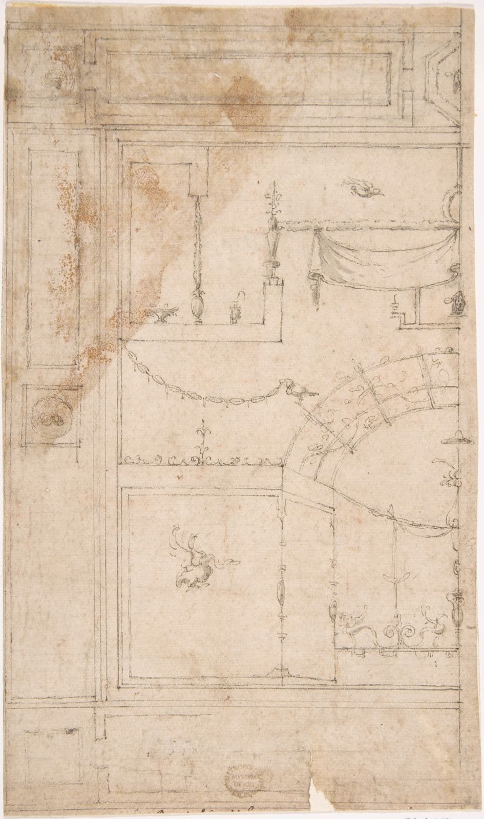 Pen and brown ink drawing by Luzio Luzi, designed as a preparatory study for the wall decoration of the Cagliostra at Castel Sant'Angelo, with grotesque ornamentation in the antique style