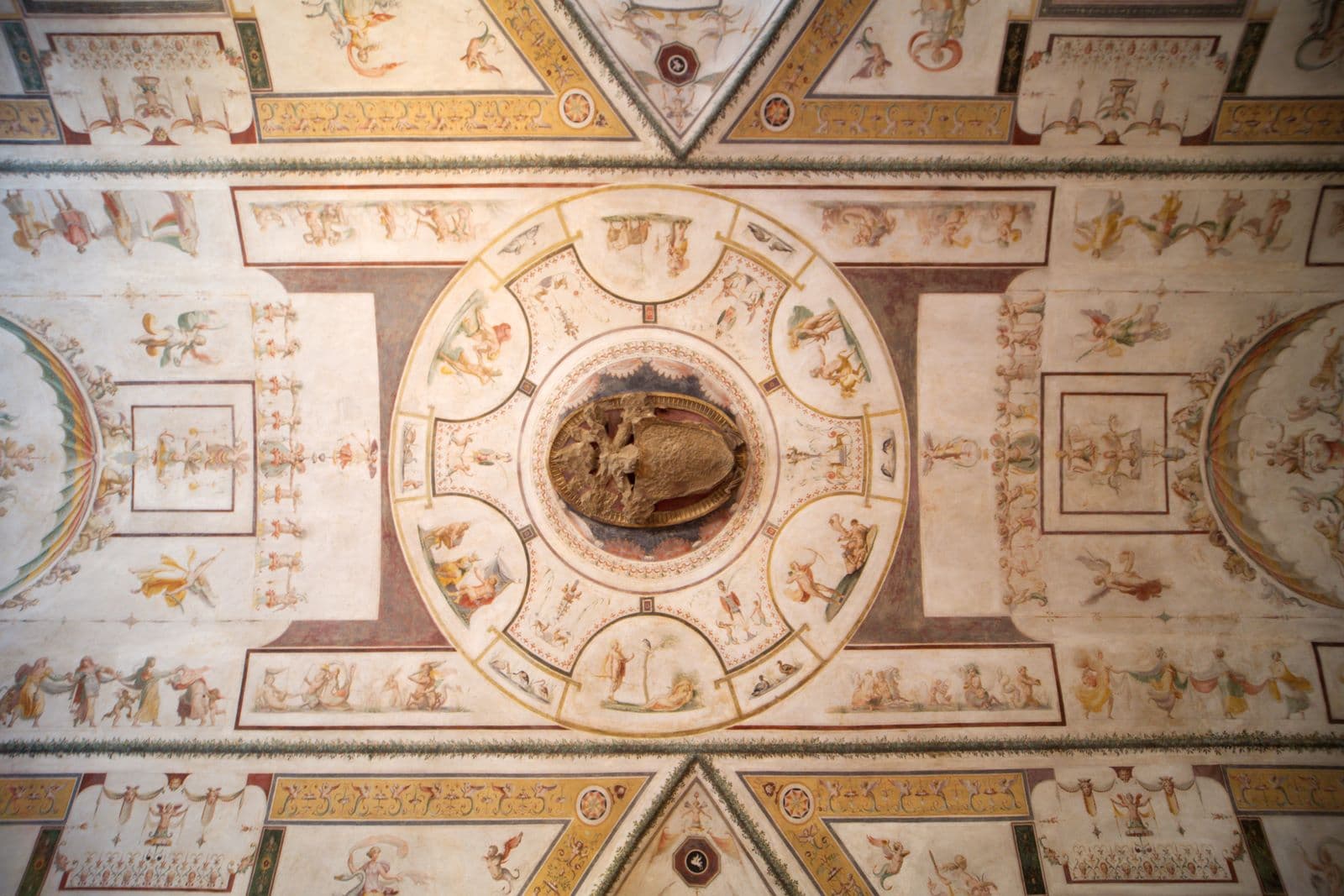 Detail of the painted vault of the Sala di Apollo showing one of the figurative scenes from the myth of Apollo set within an elaborate frame of grotesque ornament against a white ground
