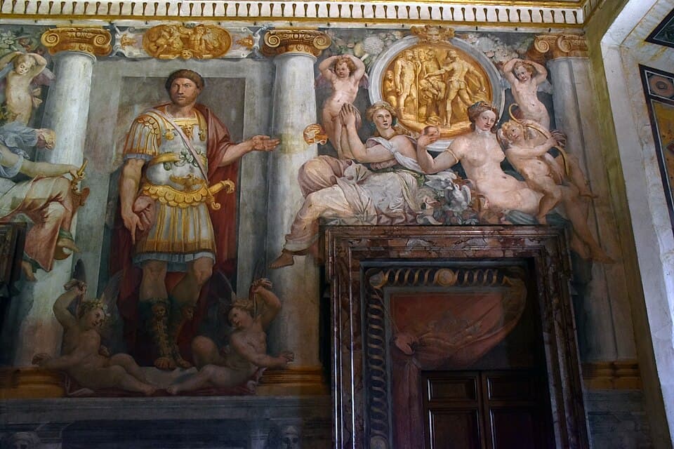 Wall fresco in the Sala Paolina showing Alexander the Great as a Roman emperor flanked by mythological figures, painted by Perin del Vaga and his team in 1545-1547