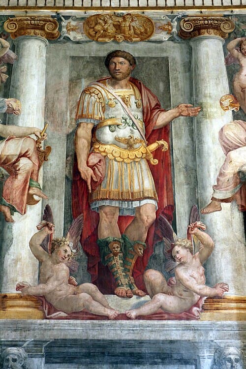 Monumental fresco of the Roman Emperor Hadrian, builder of the mausoleum that became Castel Sant'Angelo, painted on a short wall of the Sala Paolina (1545-1547)