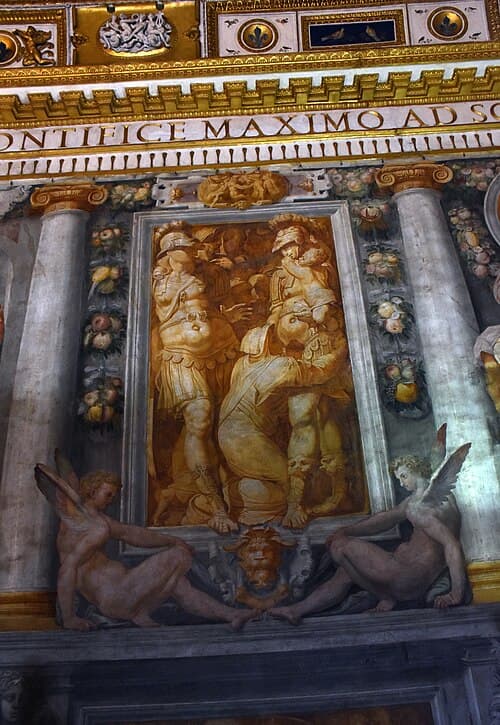 Monochrome fresco scene above a doorway in the Sala Paolina, painted in golden grisaille by Pellegrino Tibaldi, with Latin inscription PONTIFICE MAXIMO above