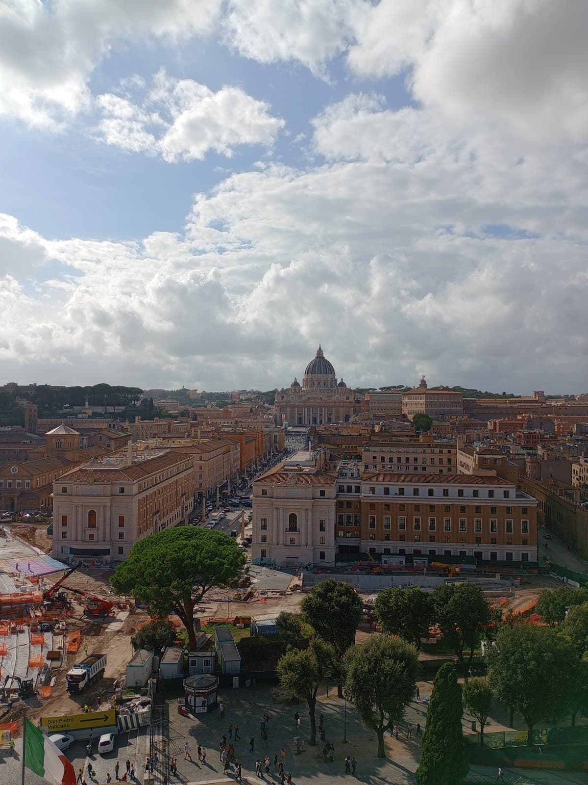 View from the Terrazza dell'Angelo looking west toward St Peter's Basilica with the dome of Michelangelo visible above the rooftops of the Borgo neighbourhood