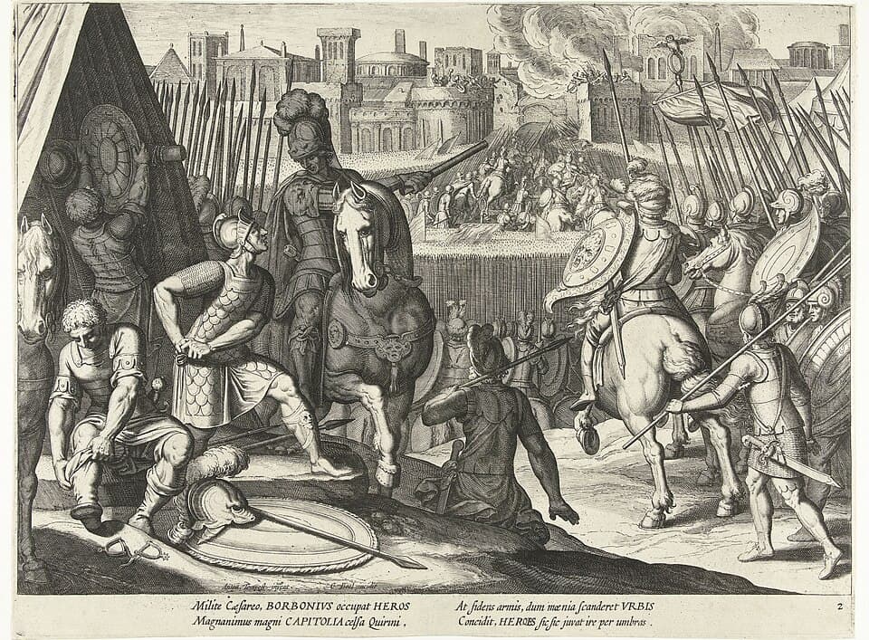 Renaissance engraving depicting the death of the Duke of Bourbon during the Sack of Rome in 1527