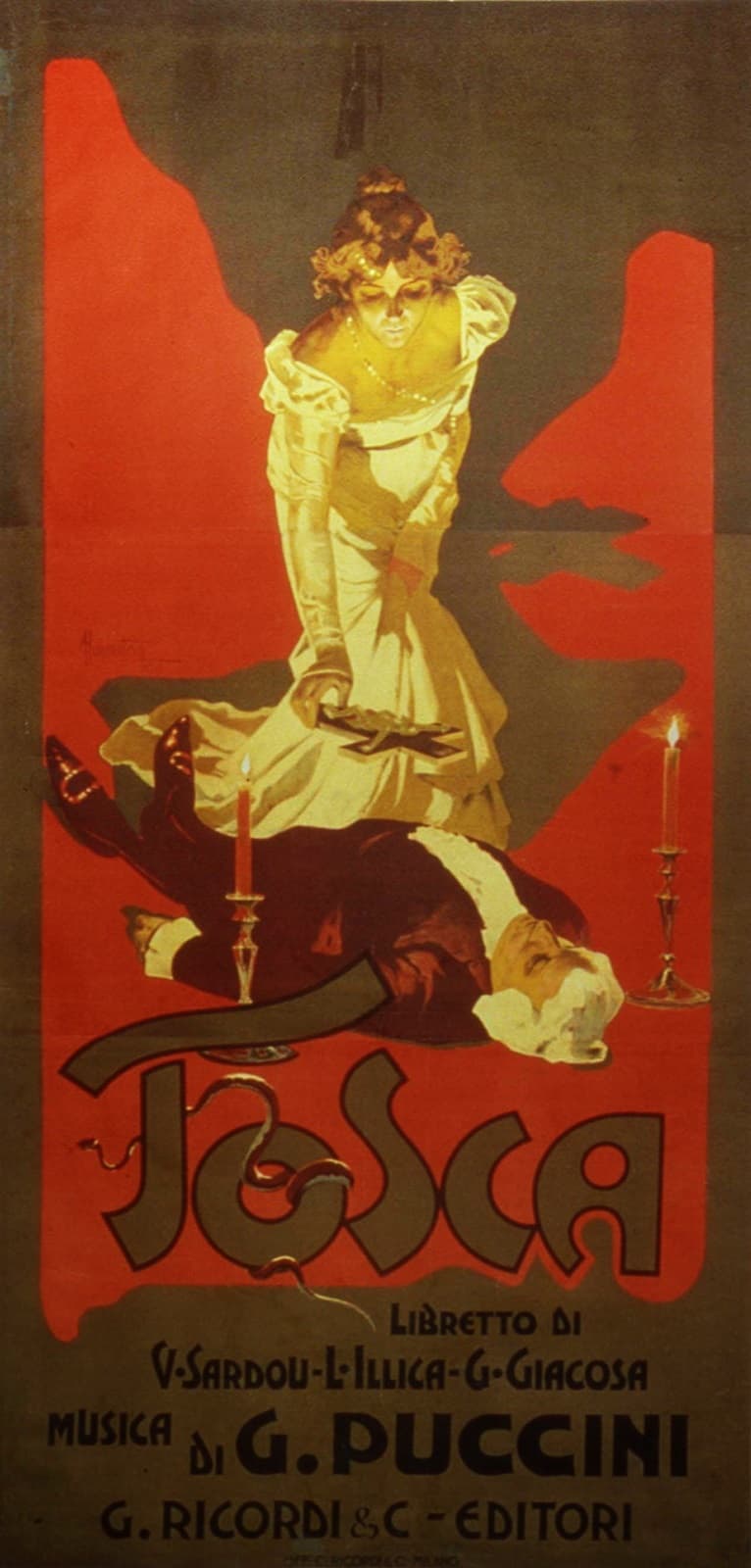 The 1899 advertising poster for the world premiere of Puccini's Tosca, designed by Adolfo Hohenstein for Casa Ricordi. The image shows Tosca placing a crucifix on the body of the murdered Scarpia in Act II